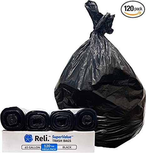 Reli. 65 Gallon Trash Bags Heavy Duty | 120 Count Bulk | Made in USA | 64 - 65 Gallon Black Large Garbage Bags (64 Gal - 65 Gal Trash Can Liners for Toter)