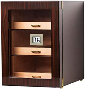 Woodronic Cigar Humidor Cabinet with Digital Hygrometer for 100 to 150 Counts, Spanish Cedar Lined Cigar Box with 3 Large Drawers, 2 Crystal Gel Humidifiers, Glossy Ebony Finish, Great Gift for Father